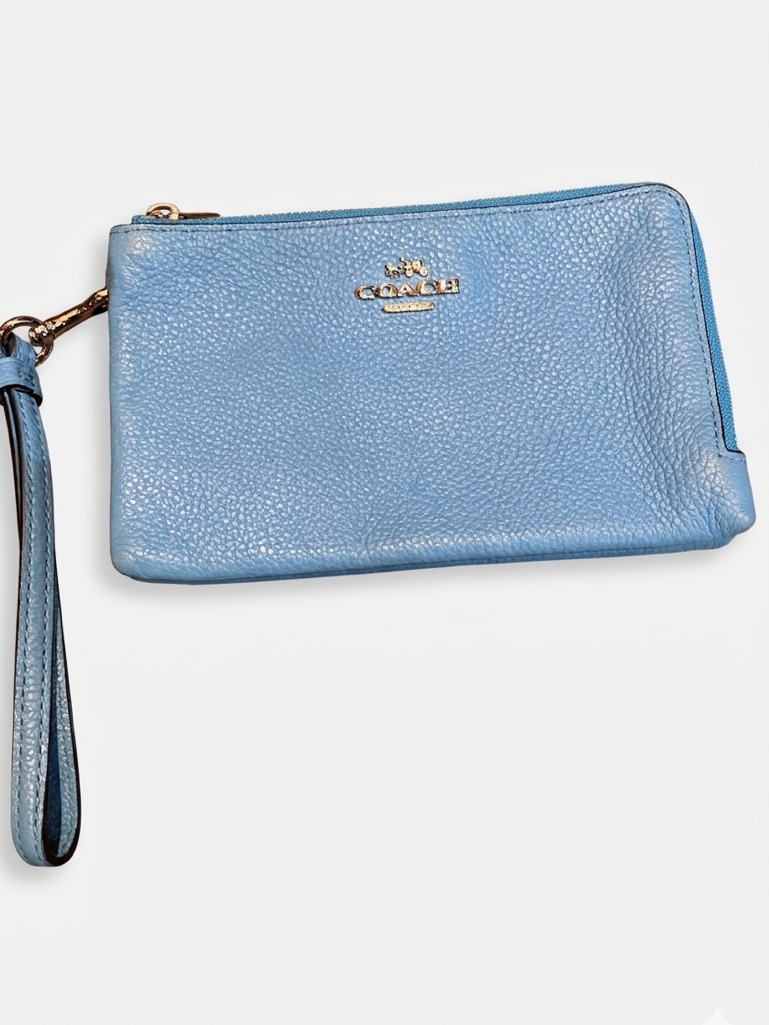 Coach Light Blue Pebbled Leather Zip Wristlet Excellent Exterior / Interior Wear